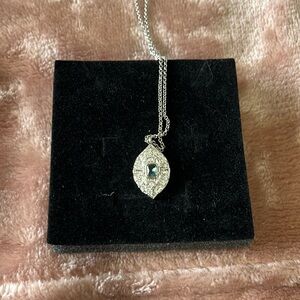 Rhodium Plated Necklace with Blue Stone center